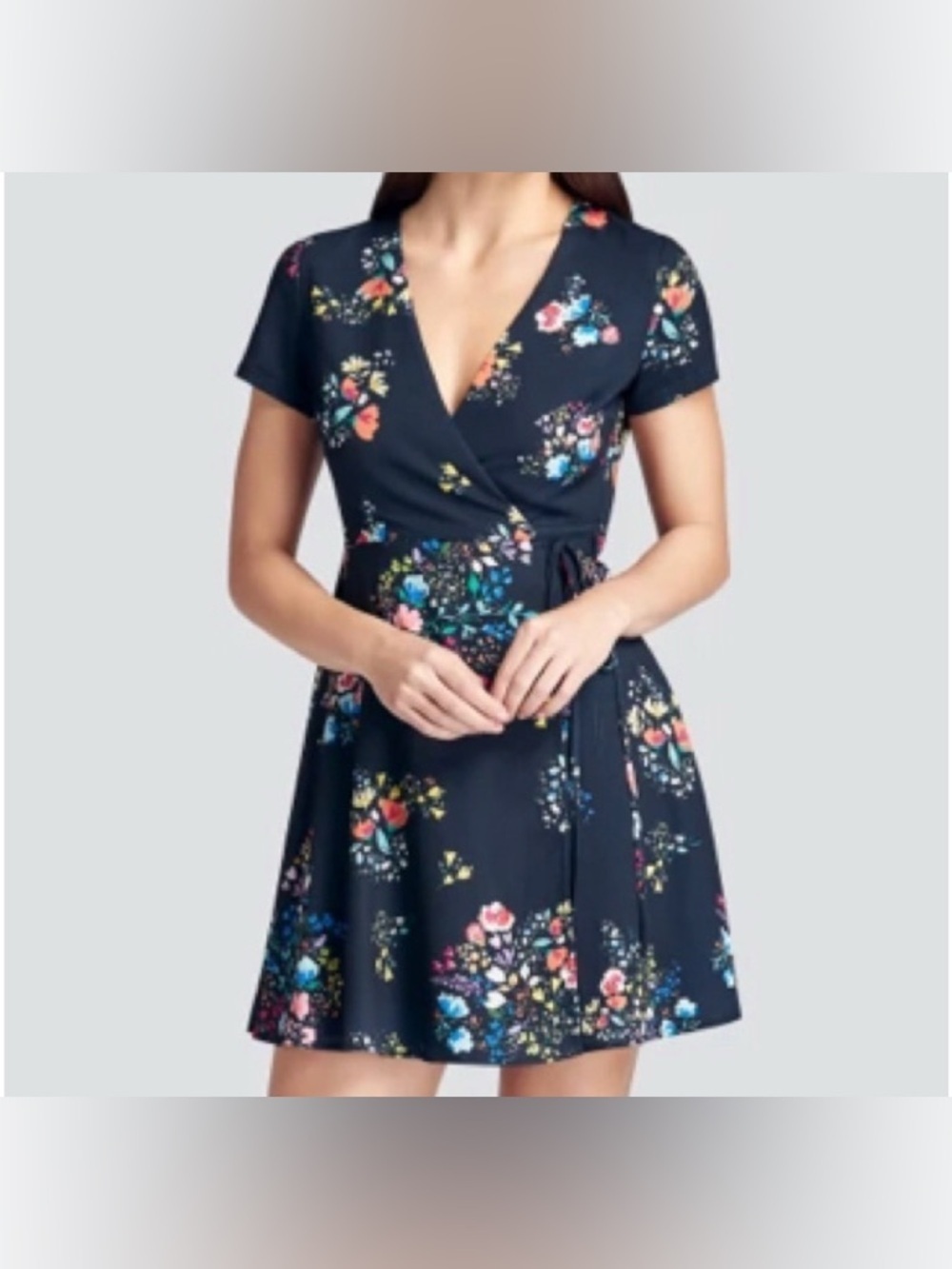 Navy Floral Wrap Midi Garden Party Dress Summer Wedding Guest M